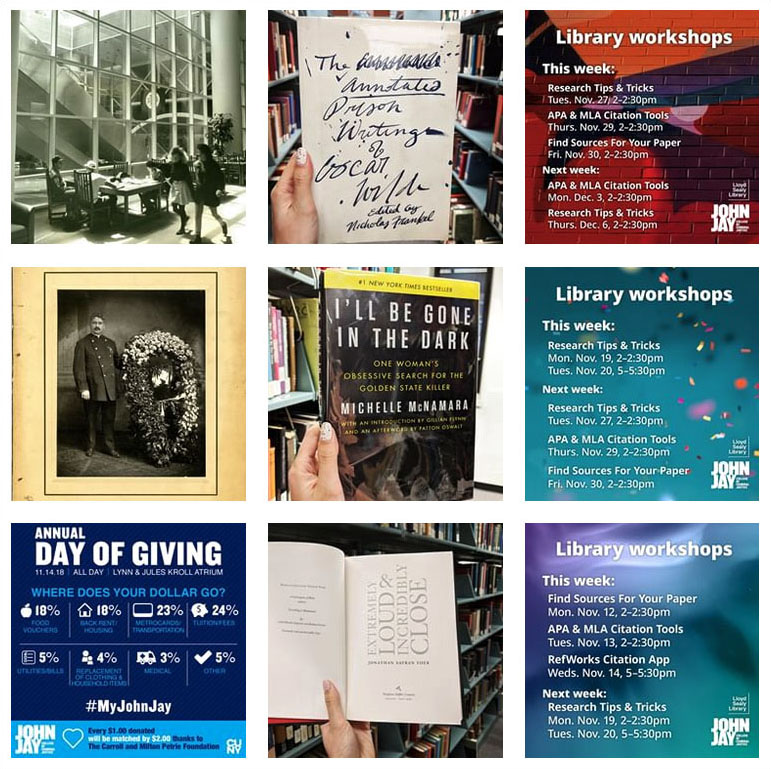 Nine instagram photos from the John Jay library