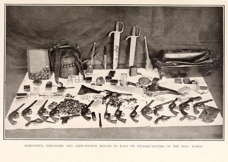 From the 1922 NYPD Annual Report: Narcotics, firearms, and ammunition seized (by NYPD) in raid on headquarters of Hip Sing Tongs (Chinese-American criminal organization).
