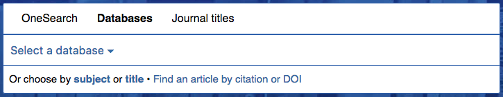 Databases tab: dropdown menu, Choose by title or subject, Find by citation