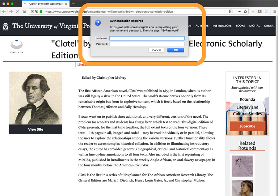 Authentication Required popup for UVA Press