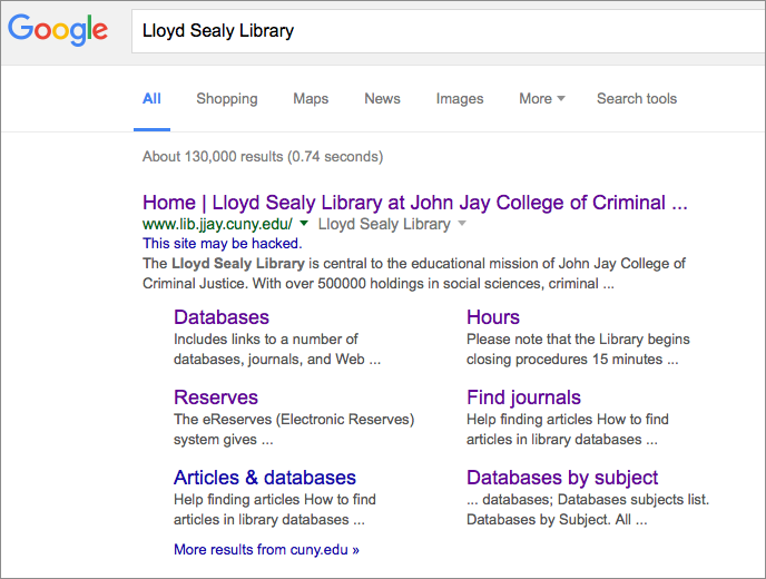 "This site may be hacked" warning beneath Lloyd Sealy Library search result