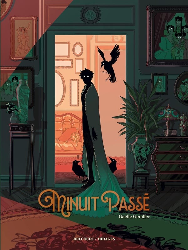 A silhouette of a man in a dressing gown peers out from a doorway, surrounded by crows and portraits of people with glowing eyes