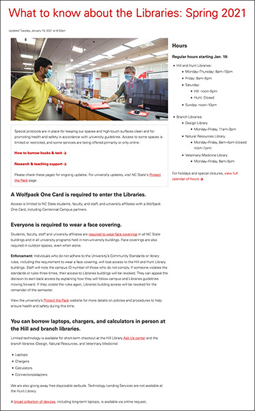 Screenshot of a page titled What to know about the Libraries: Spring 2021, with a photo of a library staff member wearing a face covering, and short paragraphs of information with bold headings