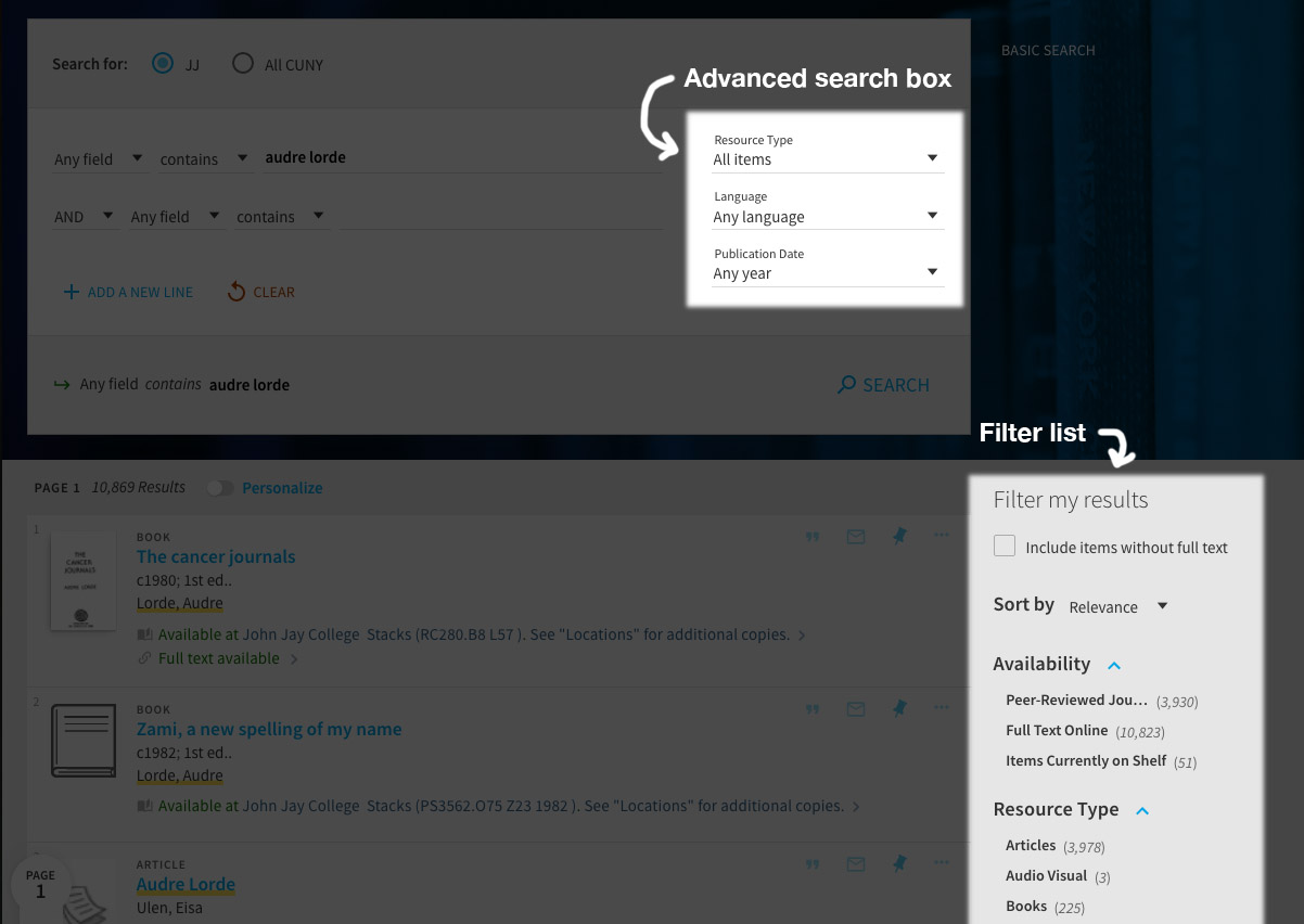 OneSearch screenshot, with Advanced search box and Filter list highlighted