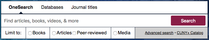 OneSearch box with optional scopes: articles with peer-reviewed option, books, and media